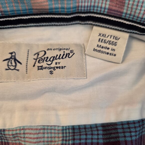 Original Penguin Shirt Mens 2XL Blue Pink Plaid Button Down Mosaic EcoVero Logo - Picture 10 of 16